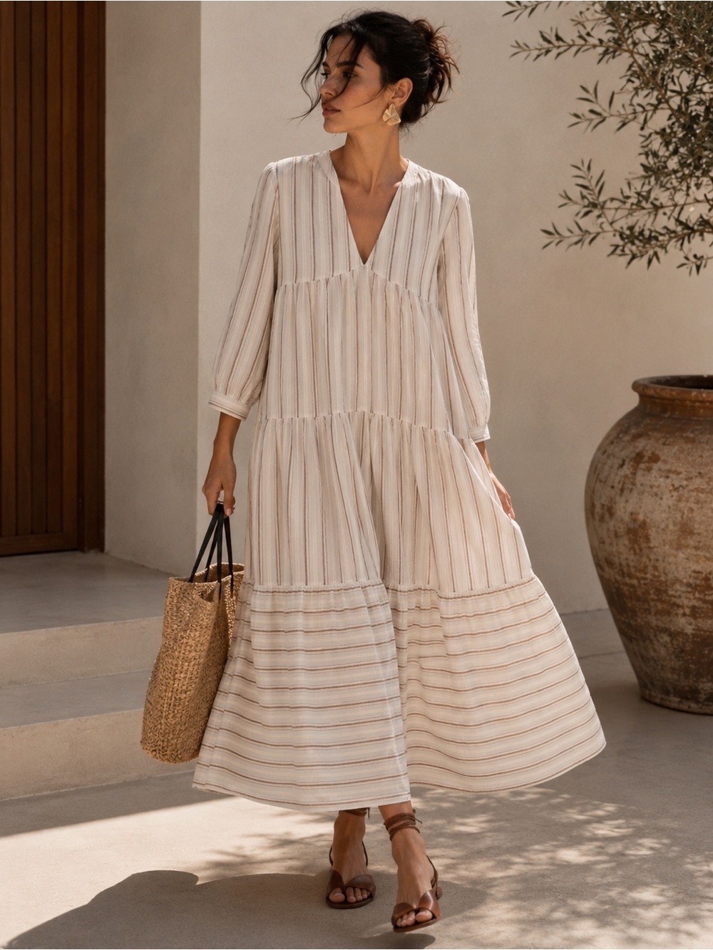 Zara Maxi Dress XS Beige Stripe Cotton Viscose Summer Resort Dress Long Sleeved - Picture 2 of 11